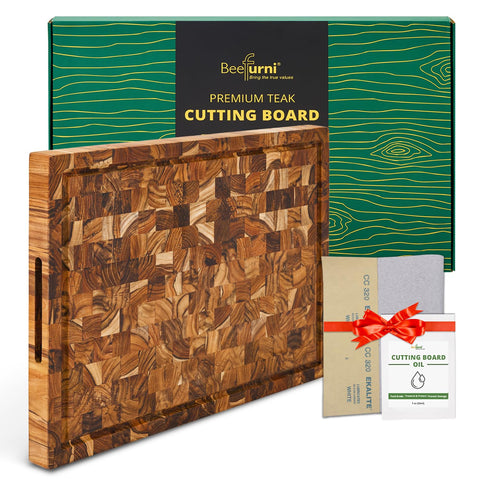 BEEFURNI front view of teak cutting board shows sturdy, elegant prep surface