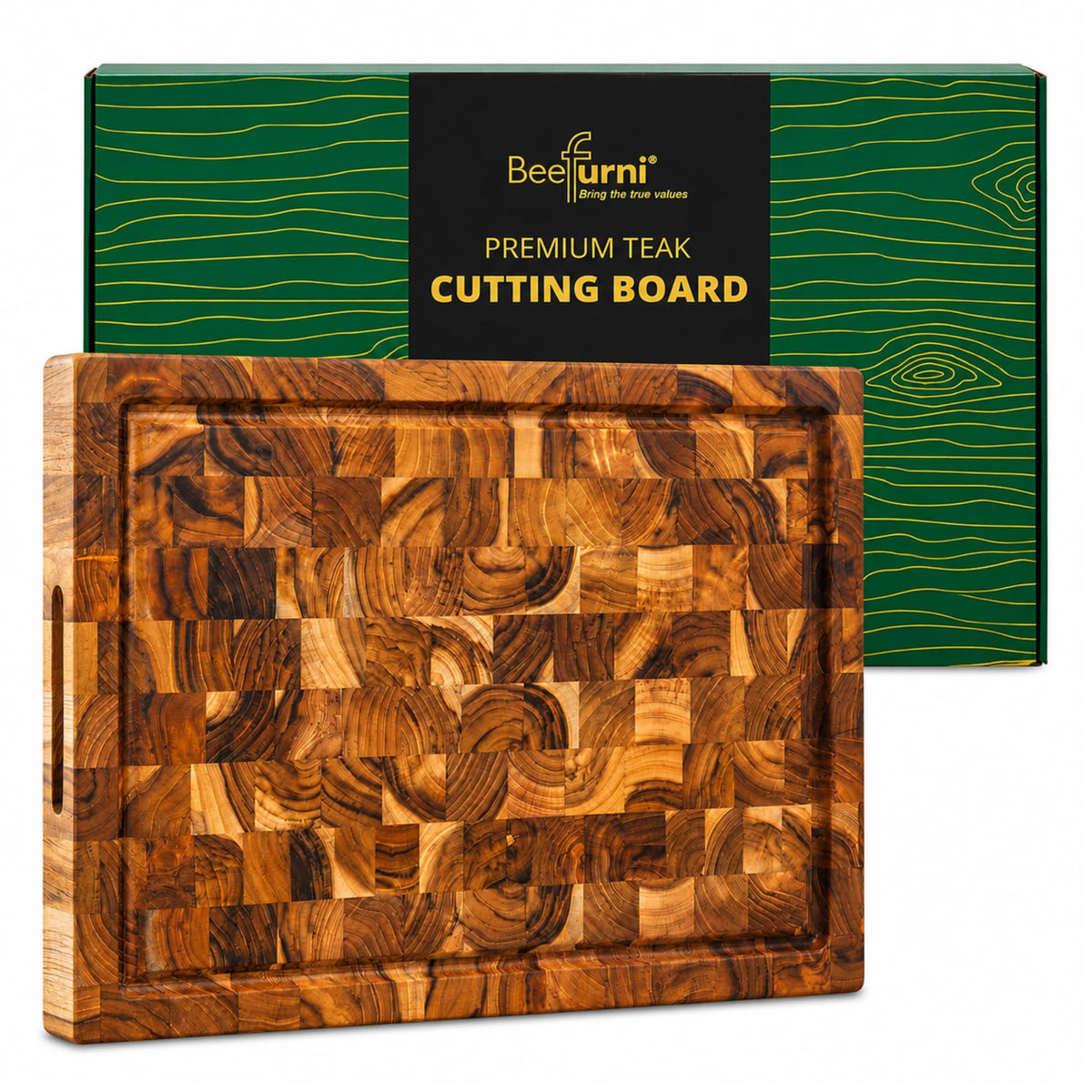 BEEFURNI teak front face showing clean end grain and warm tones for durability