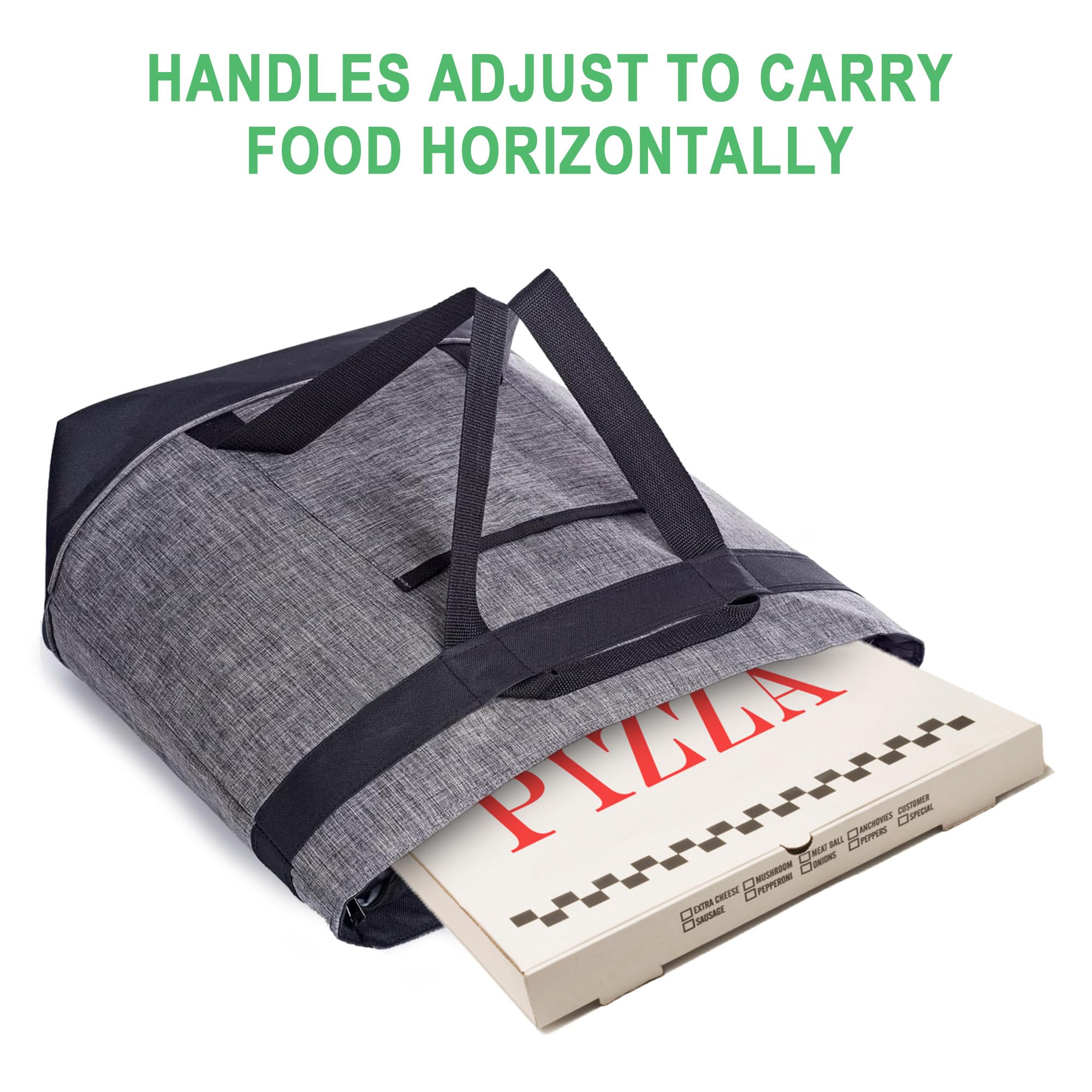 BeeGreen holding a pizza horizontally showing secure transport without spills benefit