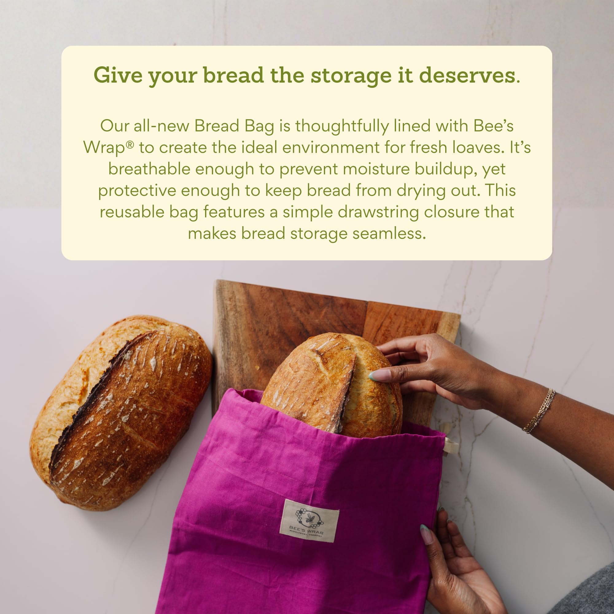Bee's Wrap close-up of drawstring detail for secure bread storage
