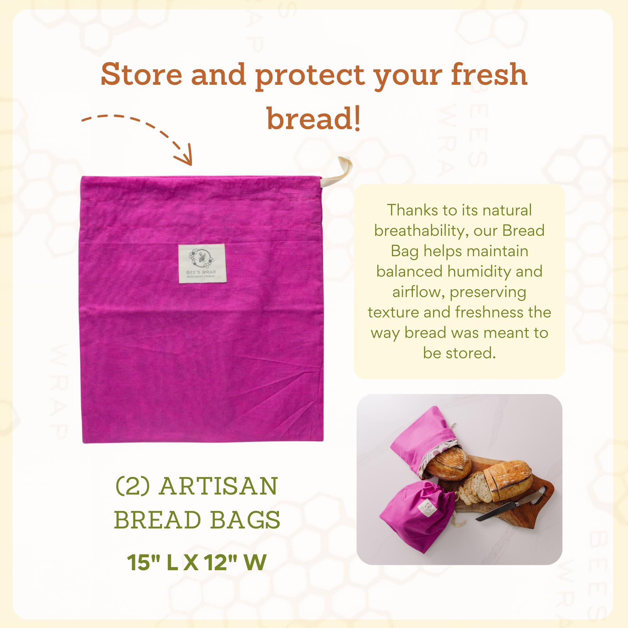 Bee's Wrap bag open with bread inside demonstrating breathable protection