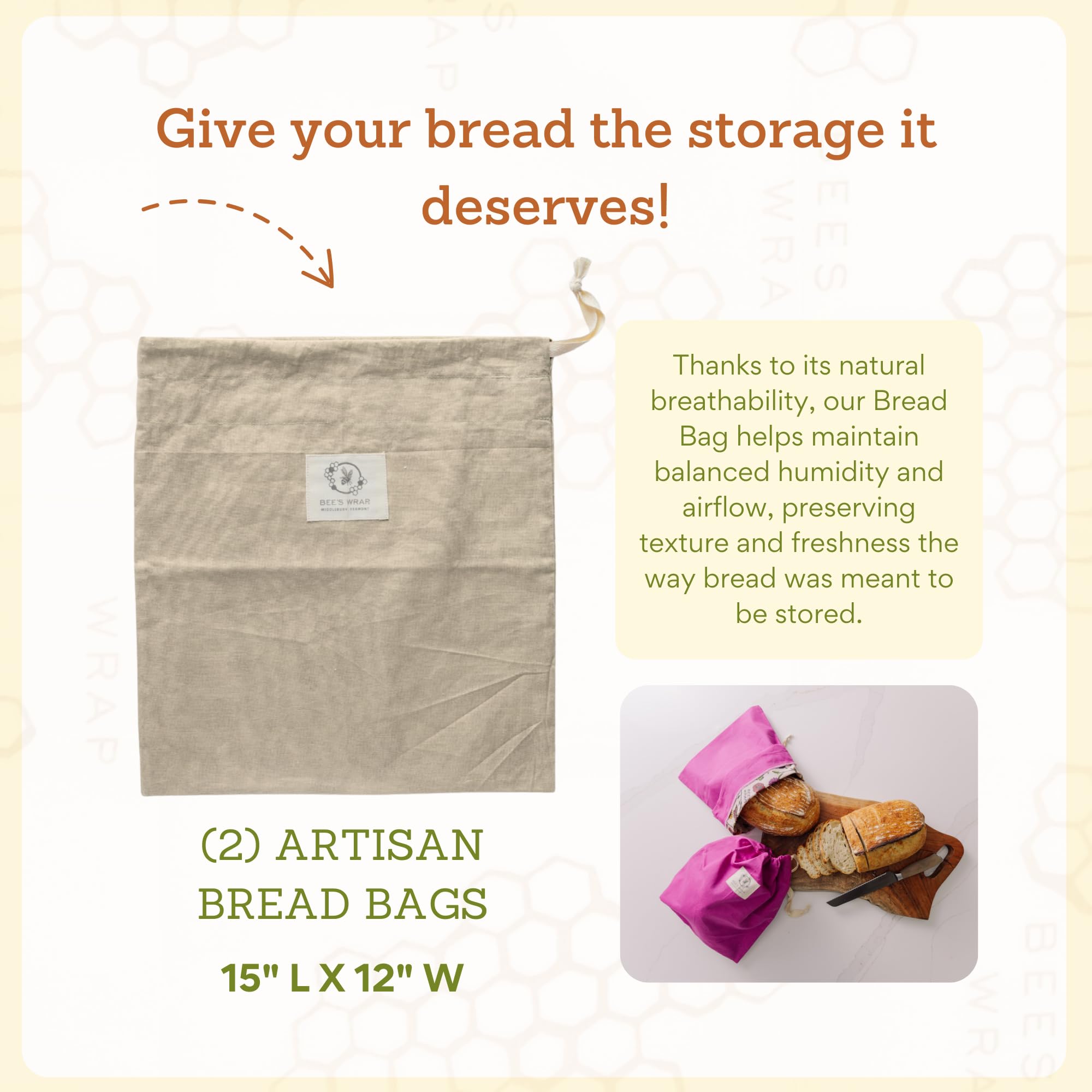 Bee's Wrap bag enclosing a sourdough loaf to preserve crust and crumb