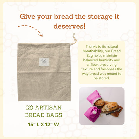 Bee's Wrap bag enclosing a sourdough loaf to preserve crust and crumb