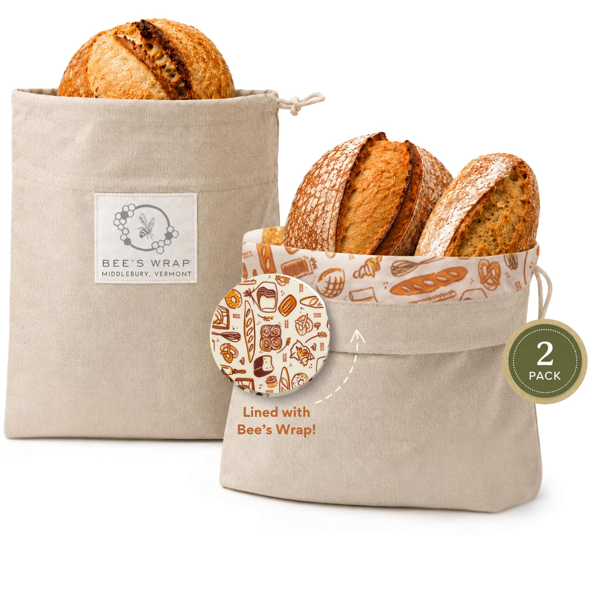 Bee's Wrap front packaging showing two beeswax bread bags and branding benefits