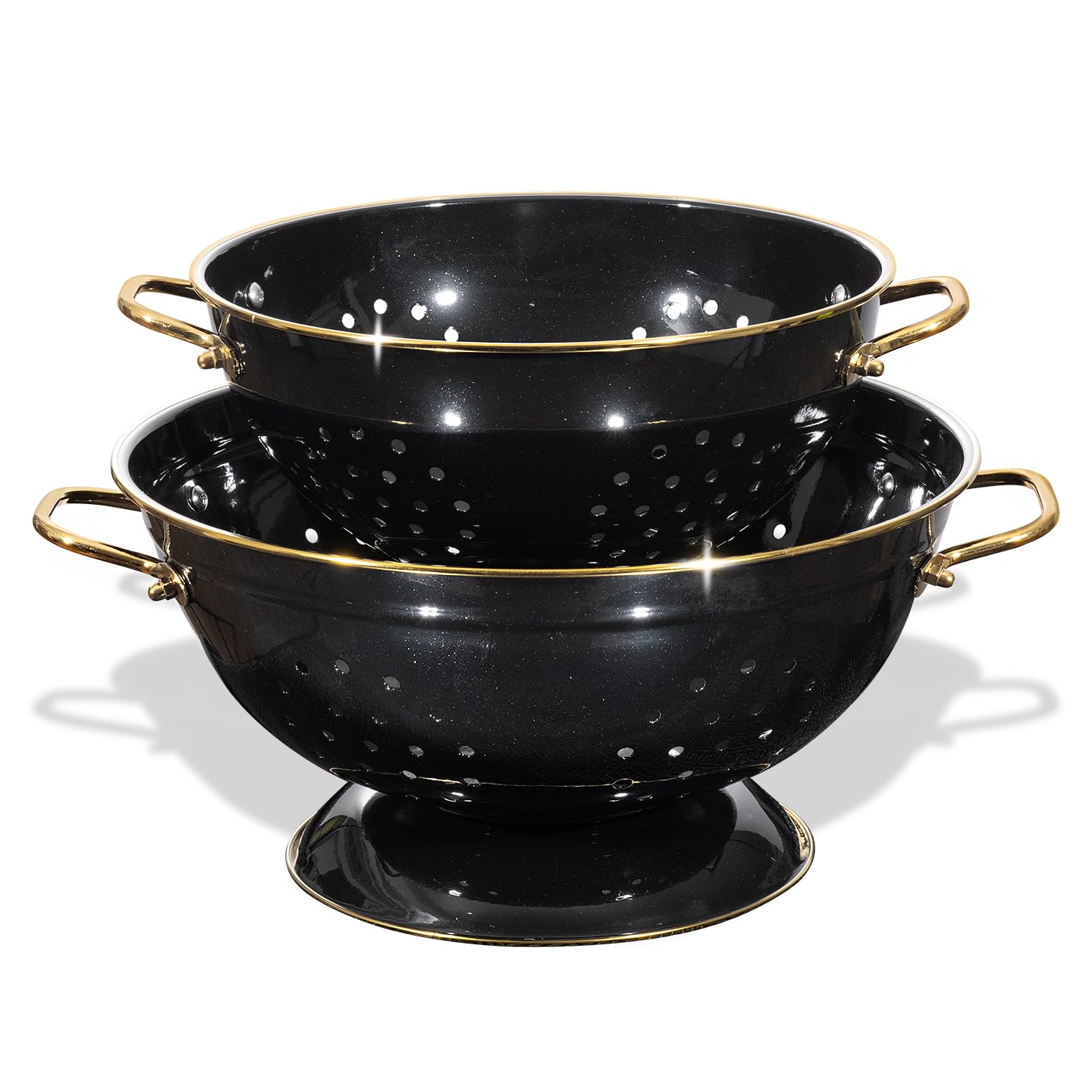 BeFare colander front view showing two sizes and stylish glittery black finish benefiting kitchen presentation