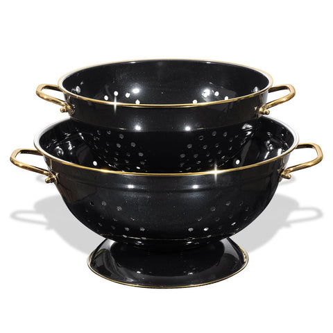 BeFare colander front view showing two sizes and stylish glittery black finish benefiting kitchen presentation