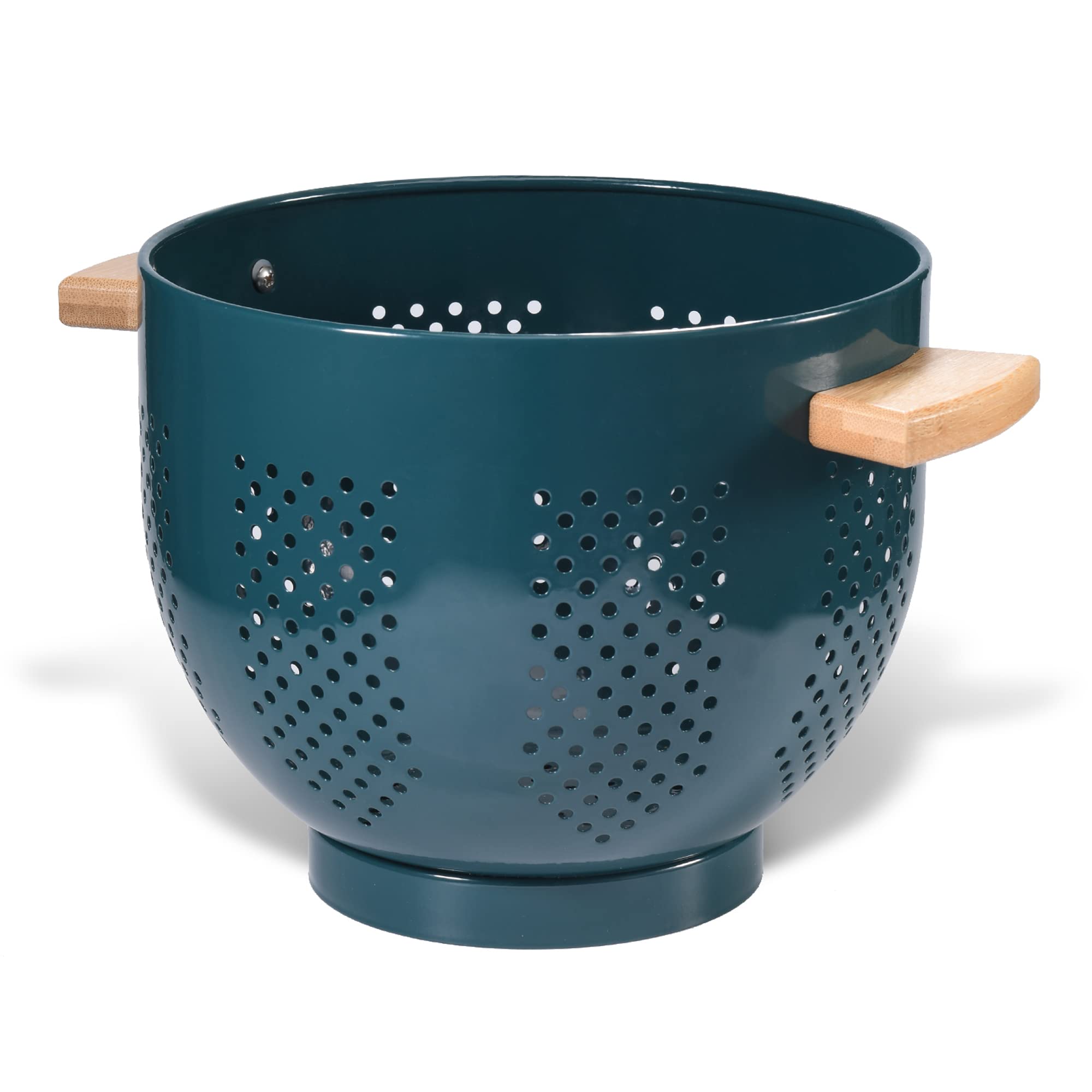 BeFare colander front view showing green powder-coated finish and stable base for easy draining