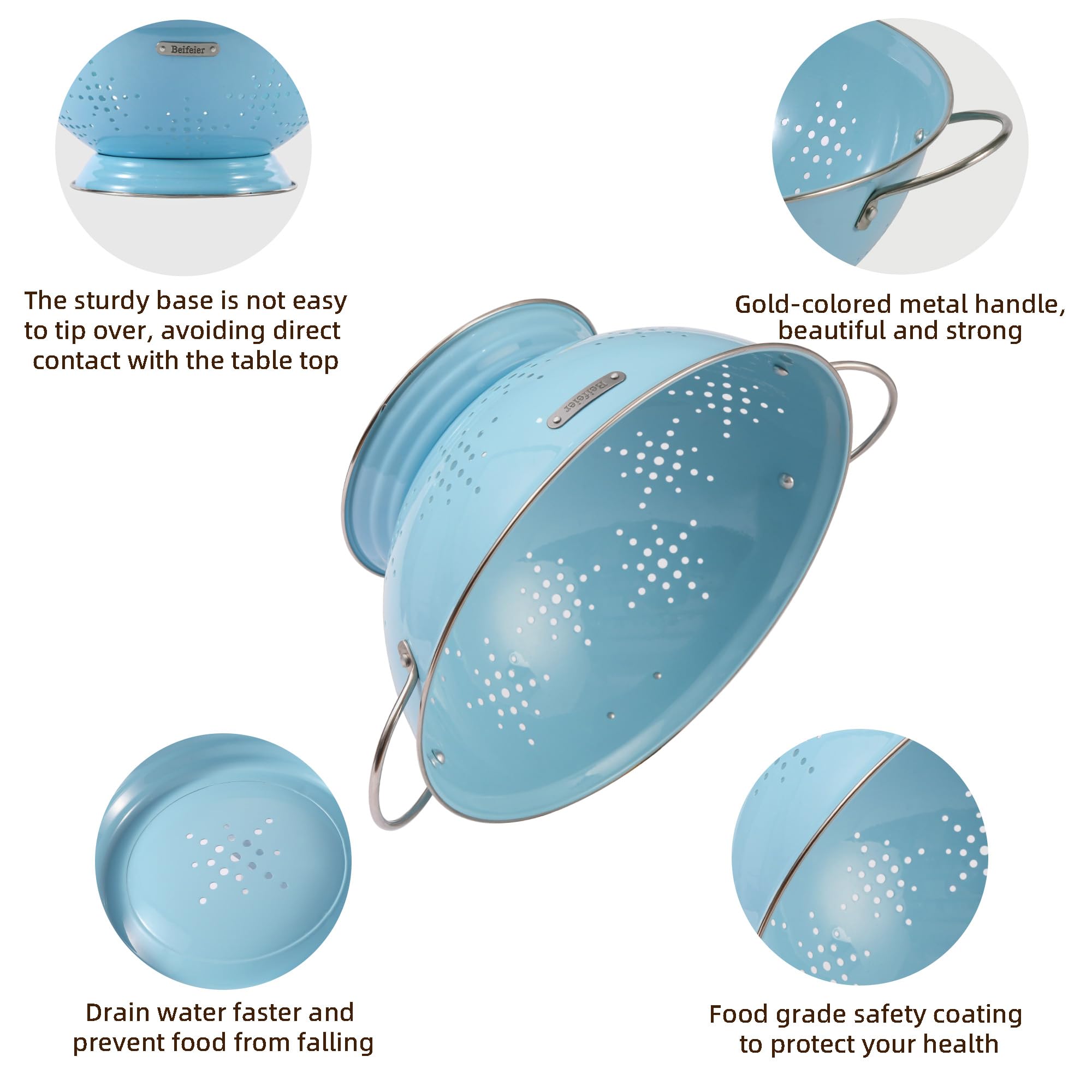 BeFare 6‑quart colander in sink draining pasta quickly with efficient water flow benefit