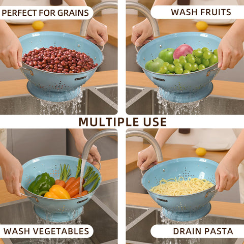BeFare colanders side-by-side with a kitchen scale to show 1.5Qt and 6Qt size comparison
