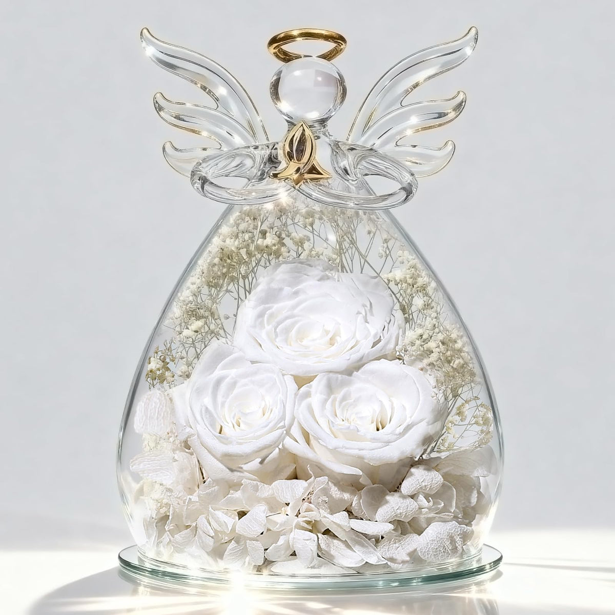 Beferr front view of glass angel figurine showing elegant preserved rose and base benefit display
