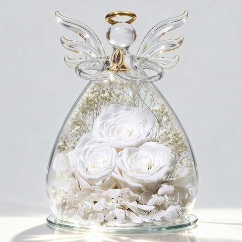 Beferr front view of glass angel figurine showing elegant preserved rose and base benefit display