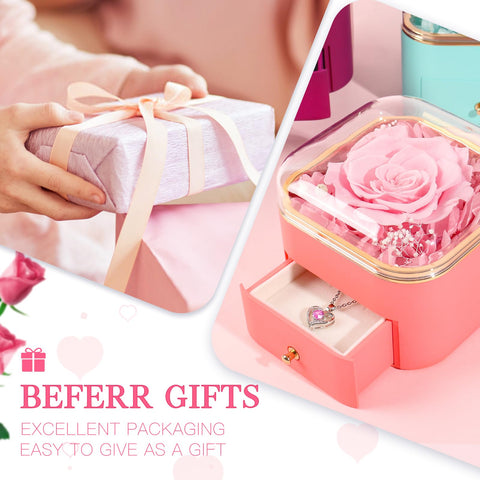 Beferr gift box open with rose and necklace, ready to present for special occasions