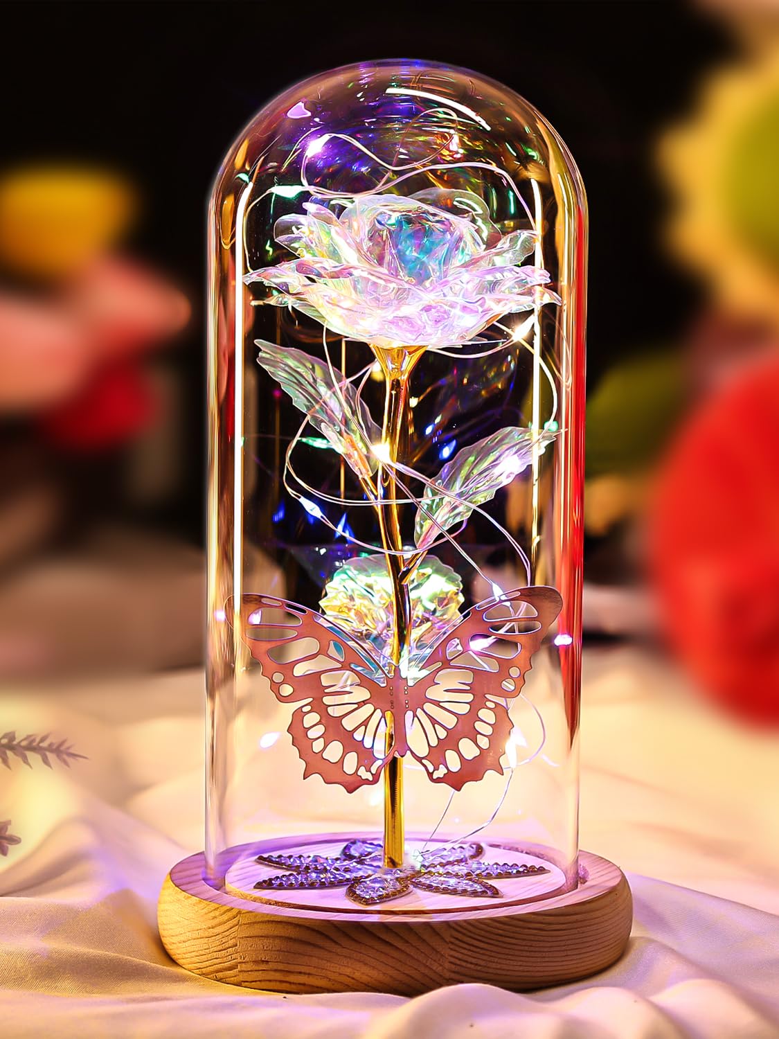 Beferr front view of glass dome showing preserved rose and elegant base benefit: long-lasting gift