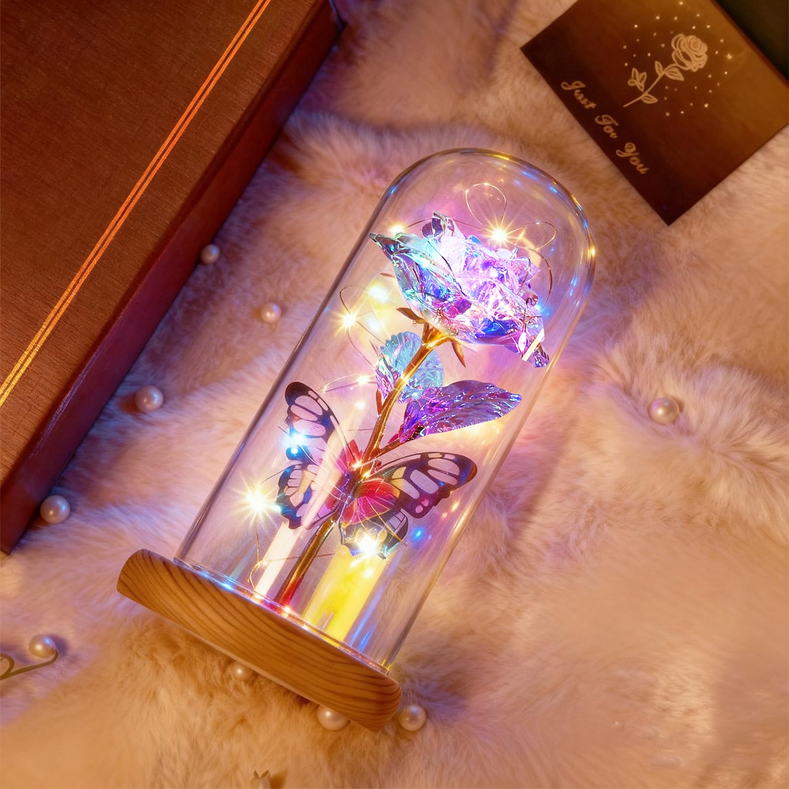 Beferr lit rose glowing with multicolor LEDs showing ambiance benefit: warm romantic light