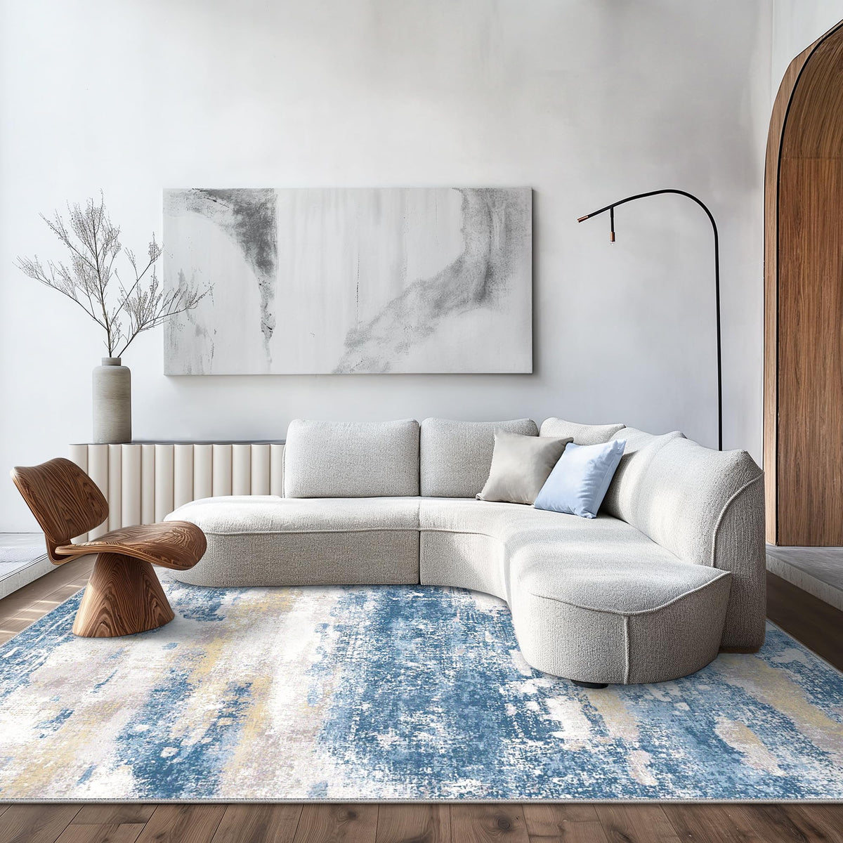 BEIMO front view showing full blue cream abstract rug and neat edges, enhances rooms