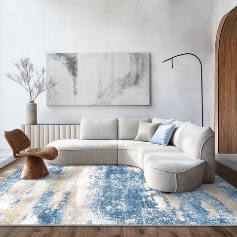 BEIMO front view showing full blue cream abstract rug and neat edges, enhances rooms