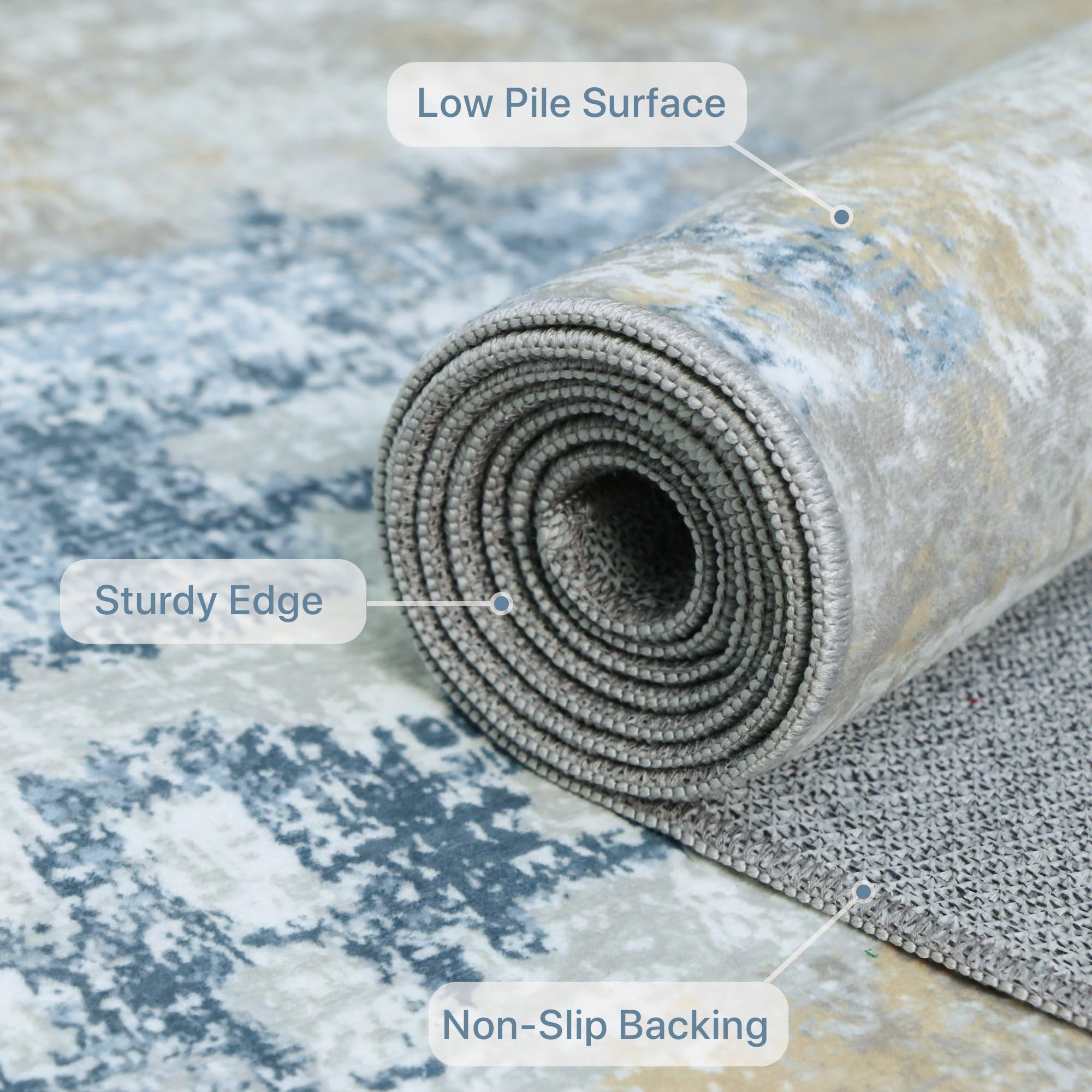 BEIMO rug next to sofa showing scale of 8x10 size for room planning ease