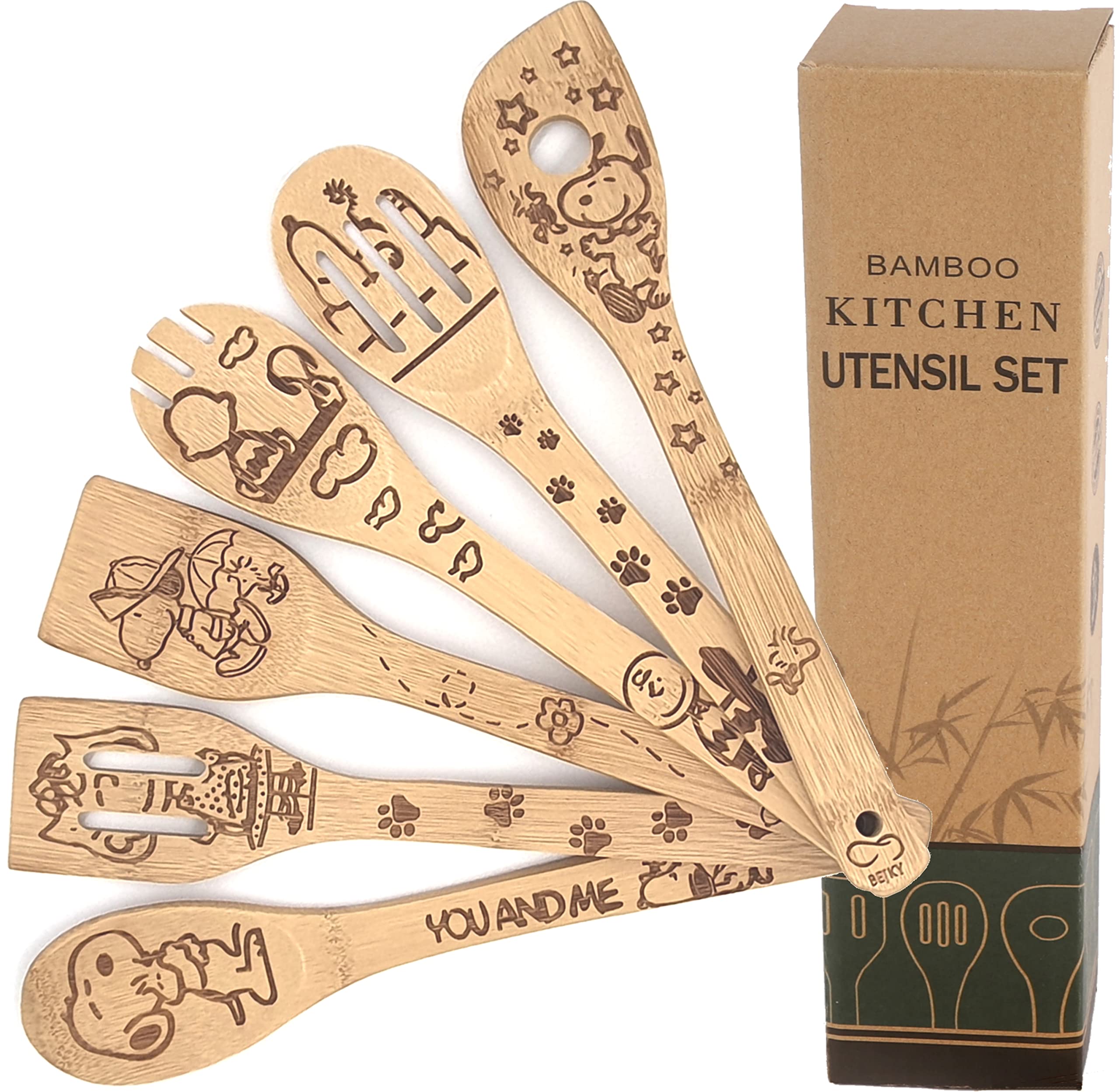Generic bejky front packaging showing six bamboo utensils and gift box, ready to give