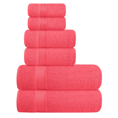 Belizzi Home front view of coral orange towel set showing full pack and color benefit