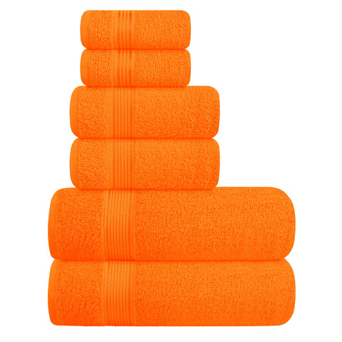 Belizzi Home front view of orange 6-piece towel set showing coordinated colors and neat packaging for gifting