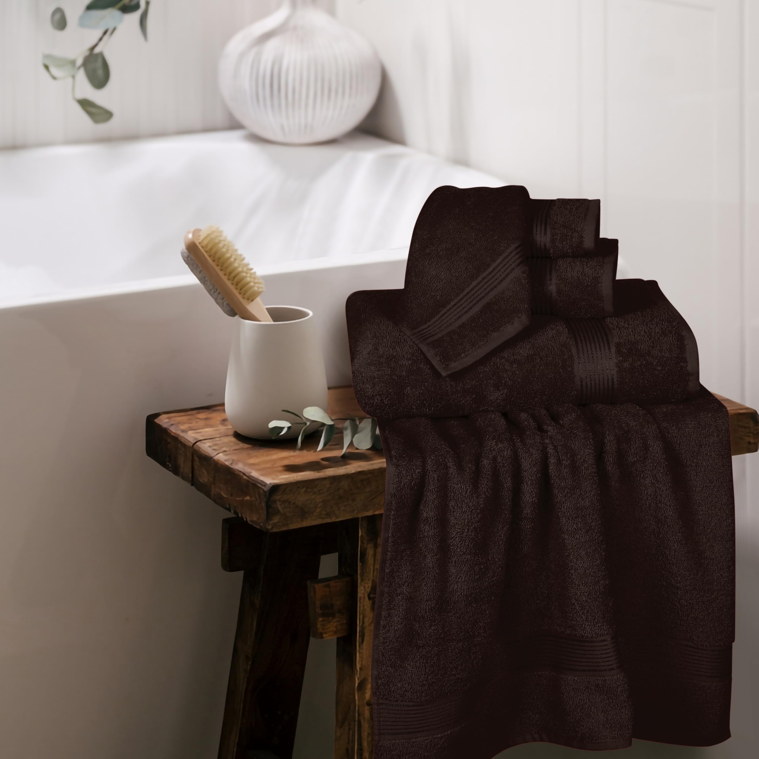Belizzi Home brown towels hanging in a bathroom showing quick-dry convenience and neat display