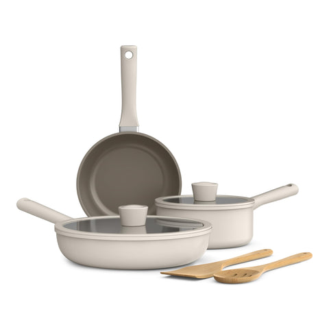 BELLA front view of 7-piece set showing oatmilk finish and compact storage benefit