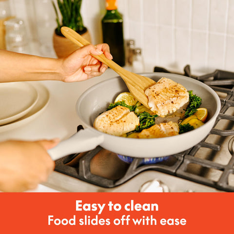 BELLA bamboo utensils with pans in kitchen scene showing scratch-free stirring