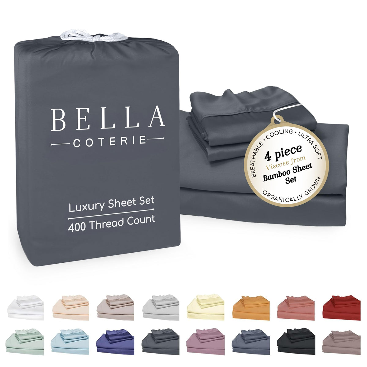 Bella Coterie front packaging showing queen sheet set and easy unboxing benefit