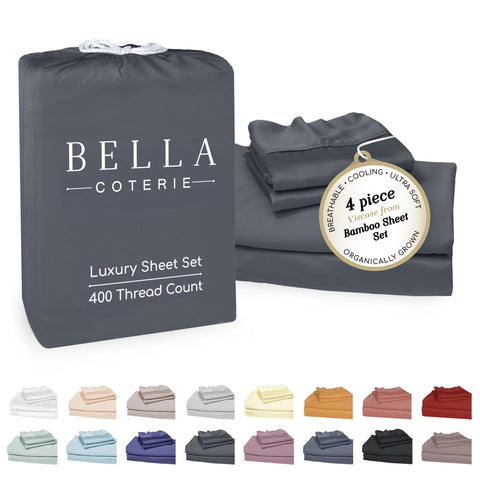 Bella Coterie front packaging showing queen sheet set and easy unboxing benefit