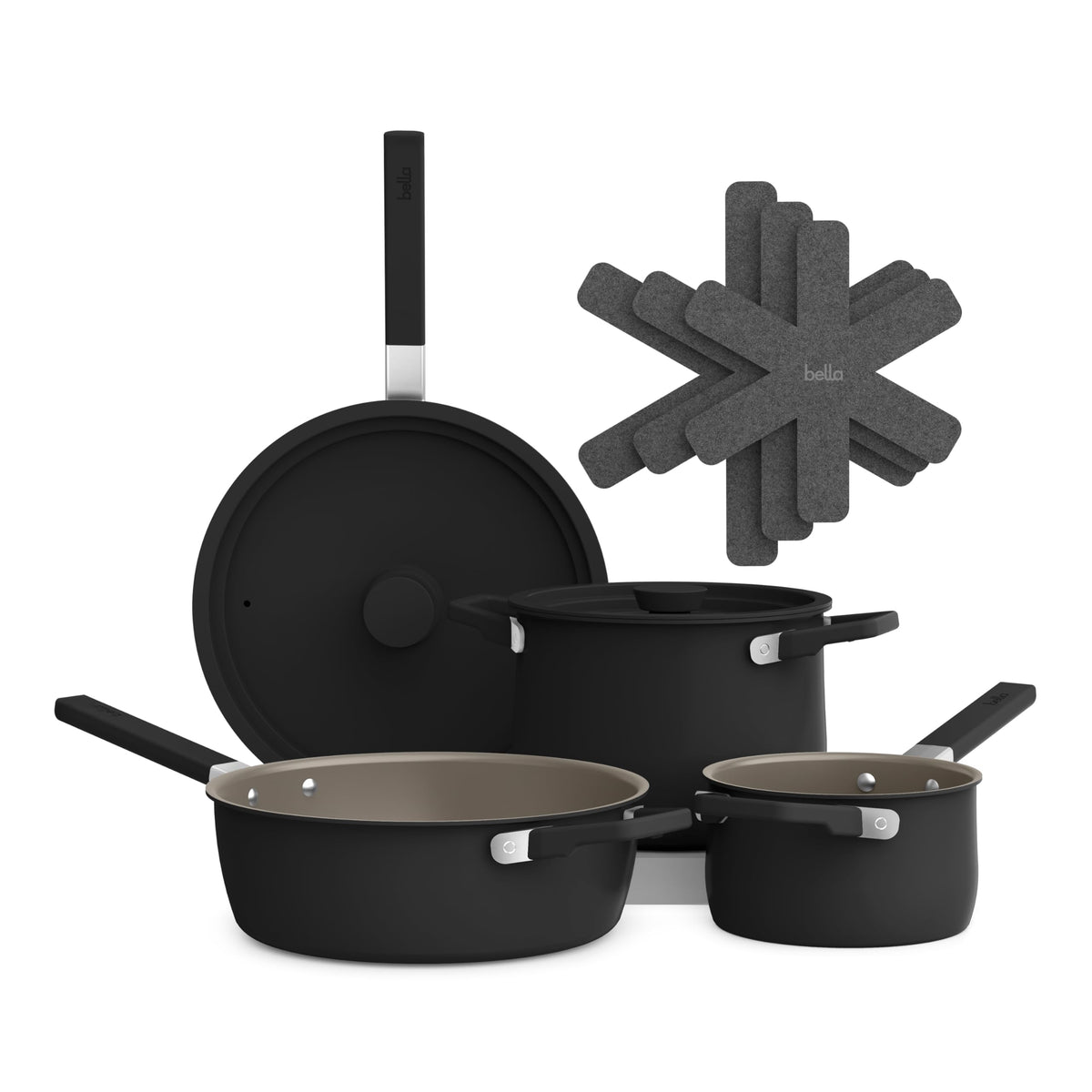 BELLA front view of full black cookware set showing compact storage benefit