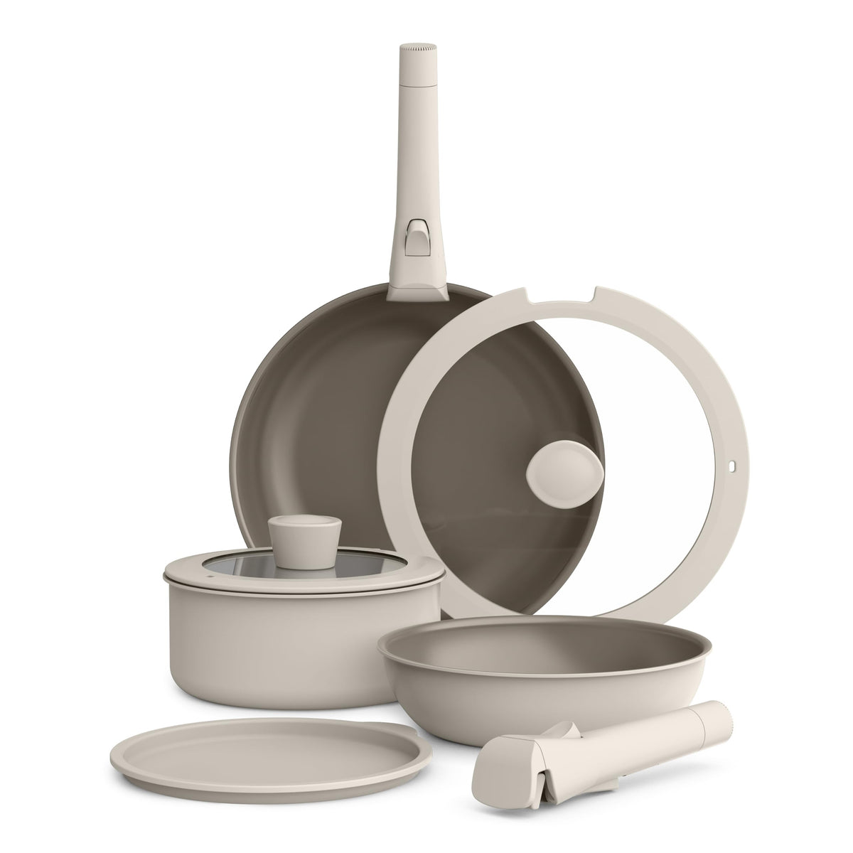 BELLA front view of Oatmilk cookware set showing complete pieces and stylish finish