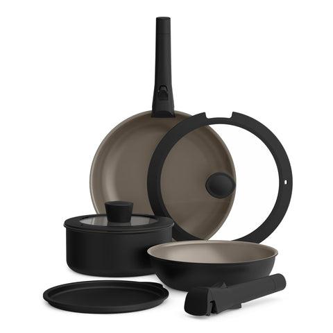 BELLA front view of boxed 8-piece set showing sleek black finish and included lids for style