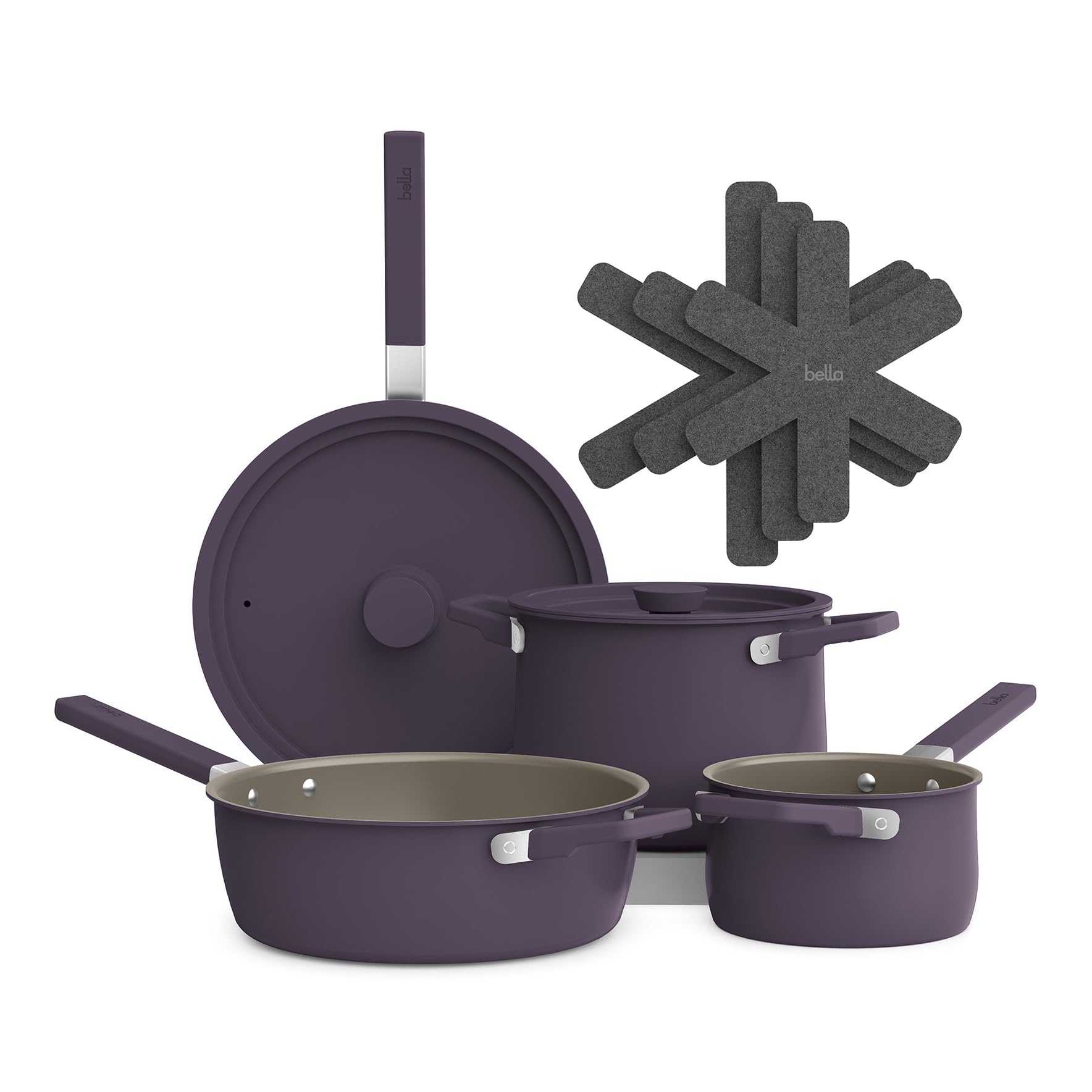 BELLA plum front view of 9-piece set showing space-saving design and color benefit