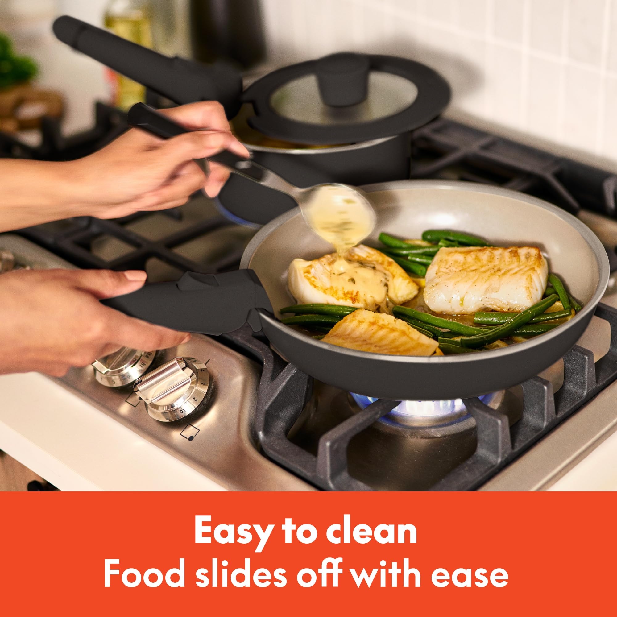 BELLA removable handle attached to pan illustrating quick switch from stovetop to oven