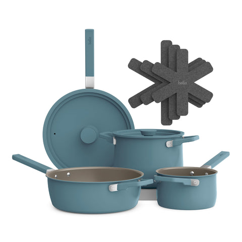 BELLA cookware stacked front view showing compact storage benefit