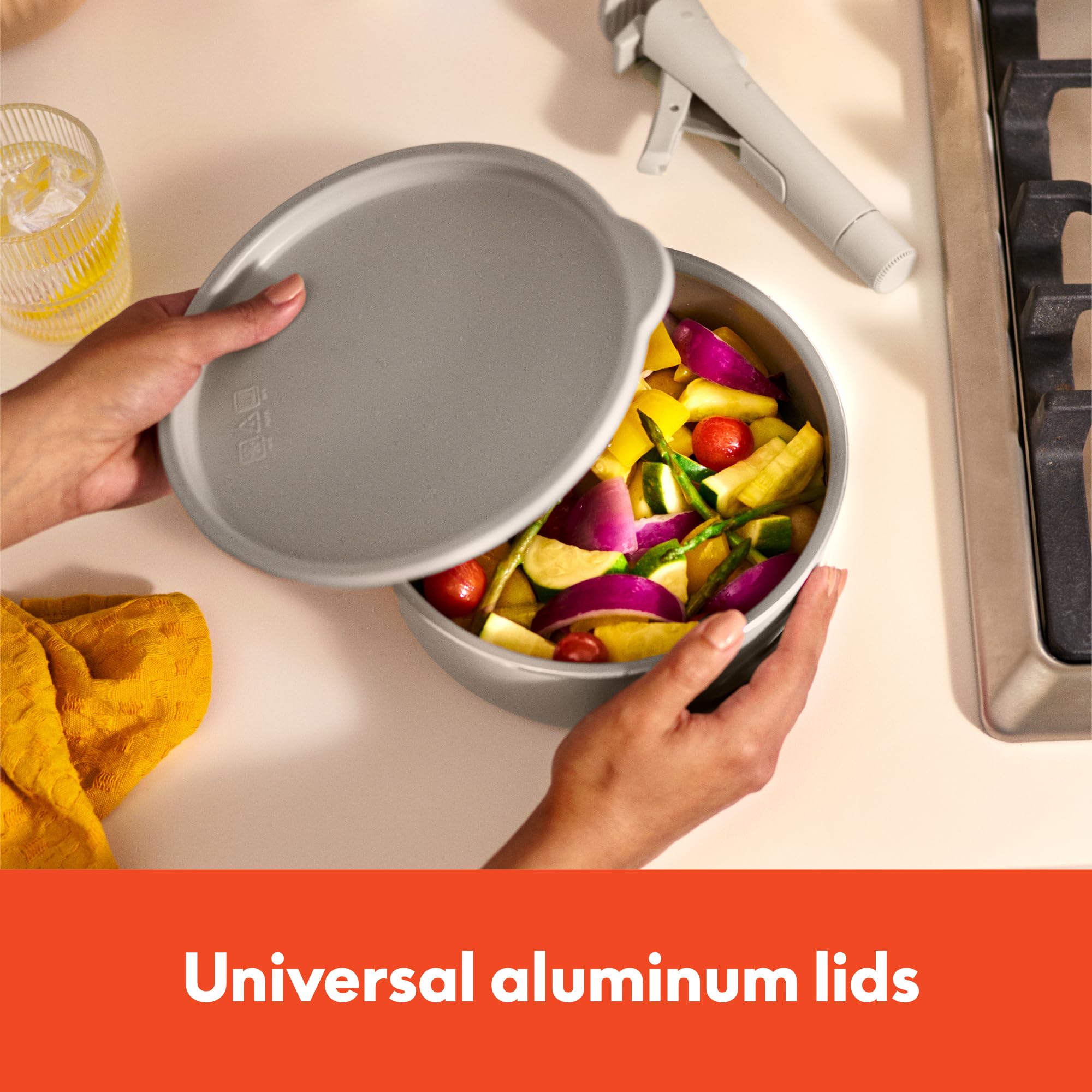 BELLA stacked pans without handles illustrating space-saving organization benefit