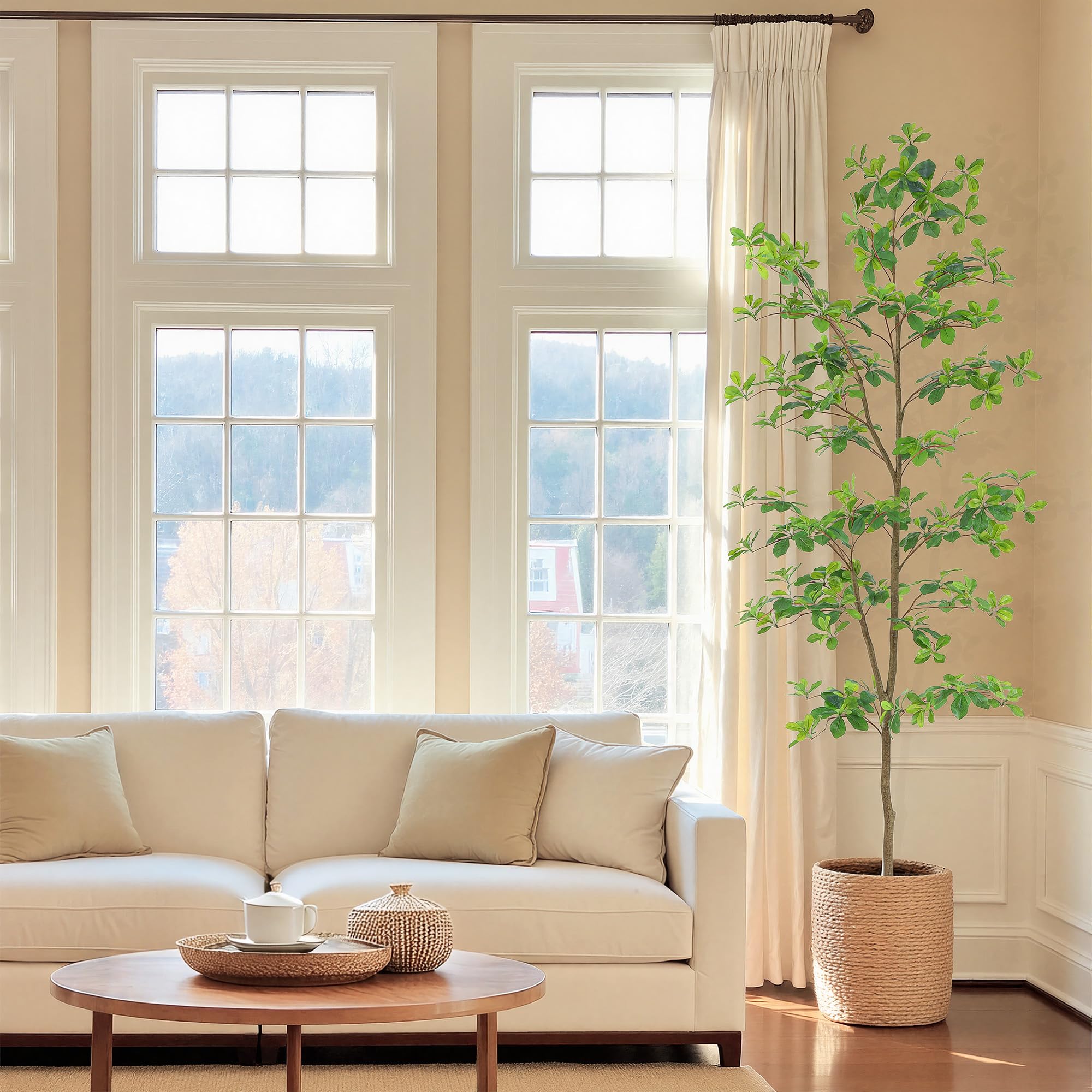 bellacat tree styled in living room enhances décor and fills corner