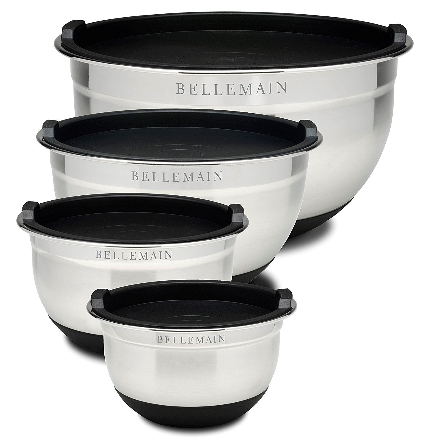 Bellemain front view of four-piece stainless steel set showing lids and nesting for neat storage