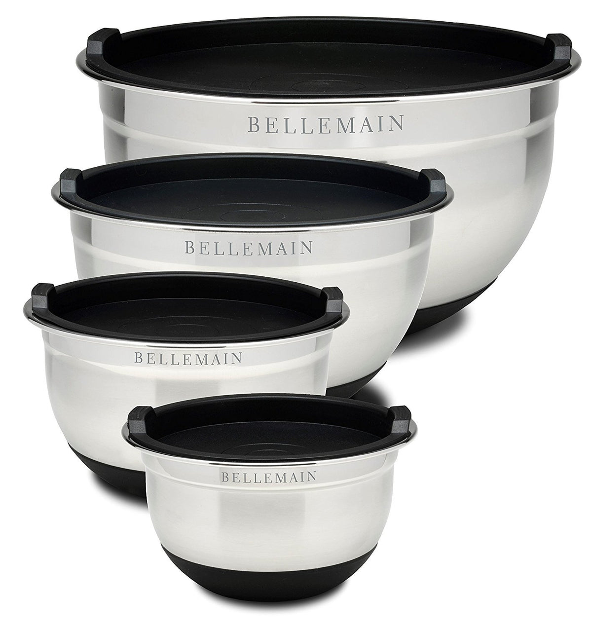 Bellemain front view of four-piece stainless steel set showing lids and nesting for neat storage