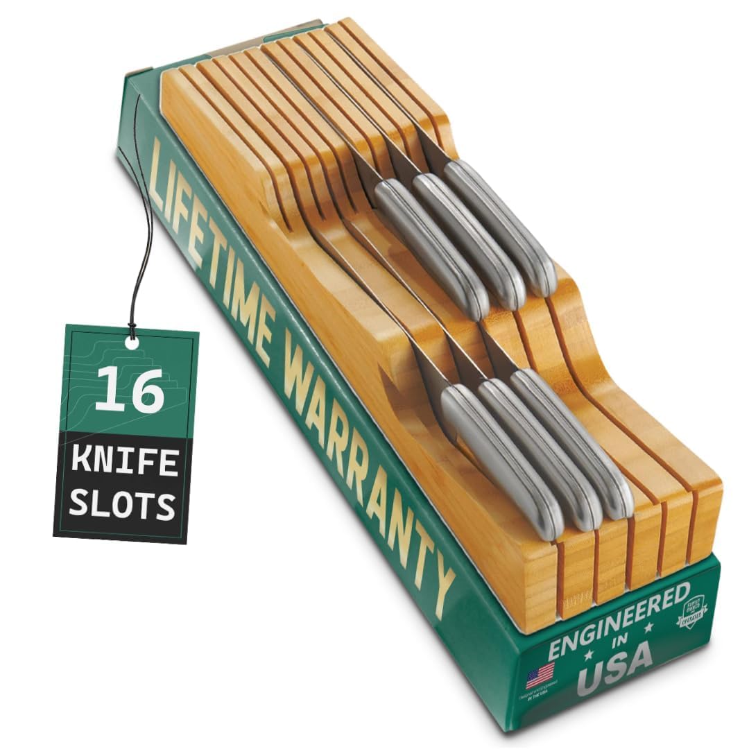 Bellemain front view of bamboo knife drawer organizer showing tidy storage benefit