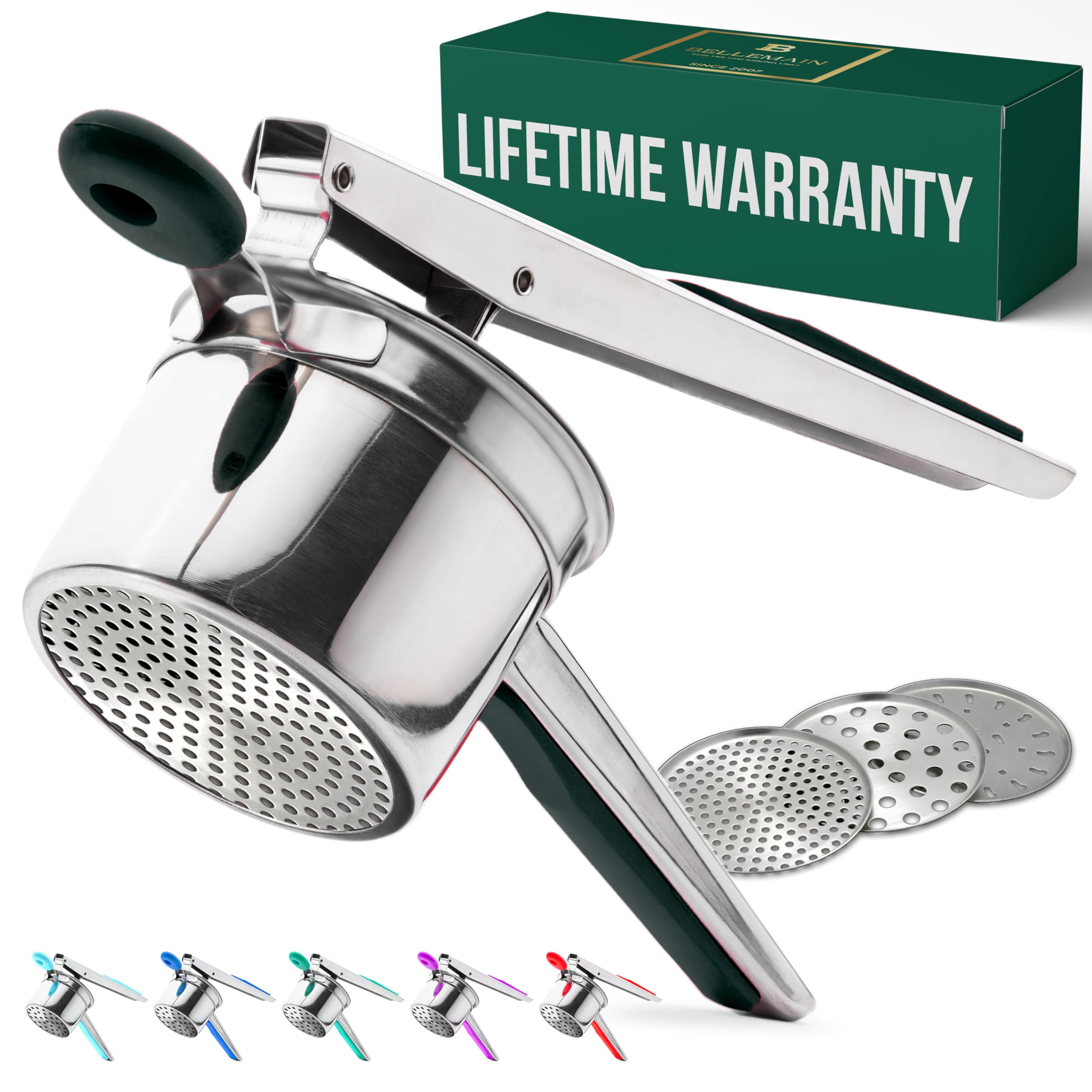 Bellemain front view of stainless steel ricer showing sleek bowl and black handle, durable construction benefit
