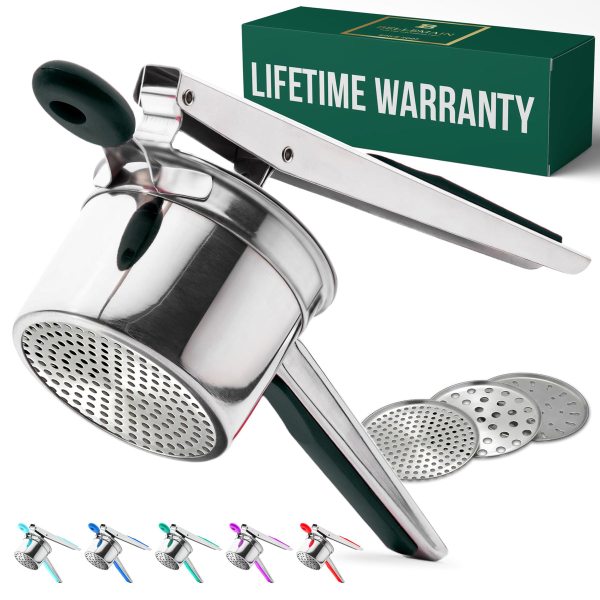 Bellemain front view of stainless steel ricer showing sleek bowl and black handle, durable construction benefit