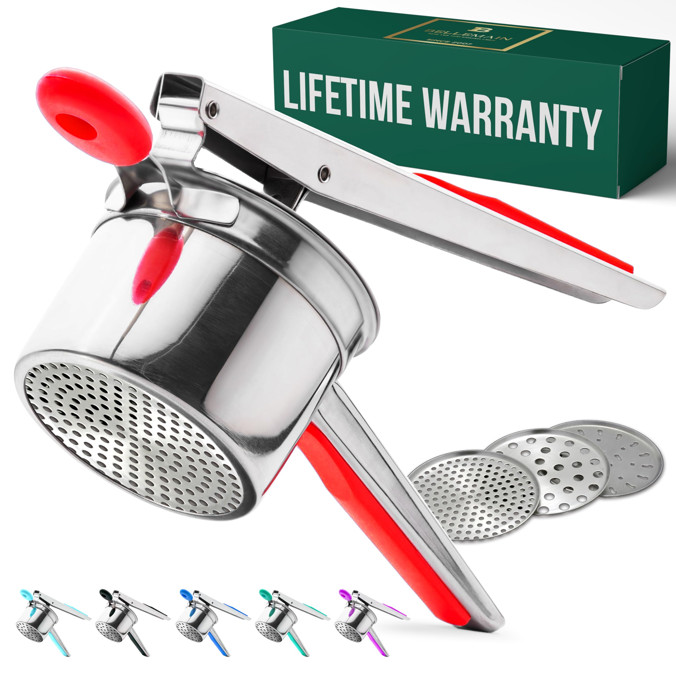 Bellemain front view ricer showing polished stainless bowl and basket for durable pressing