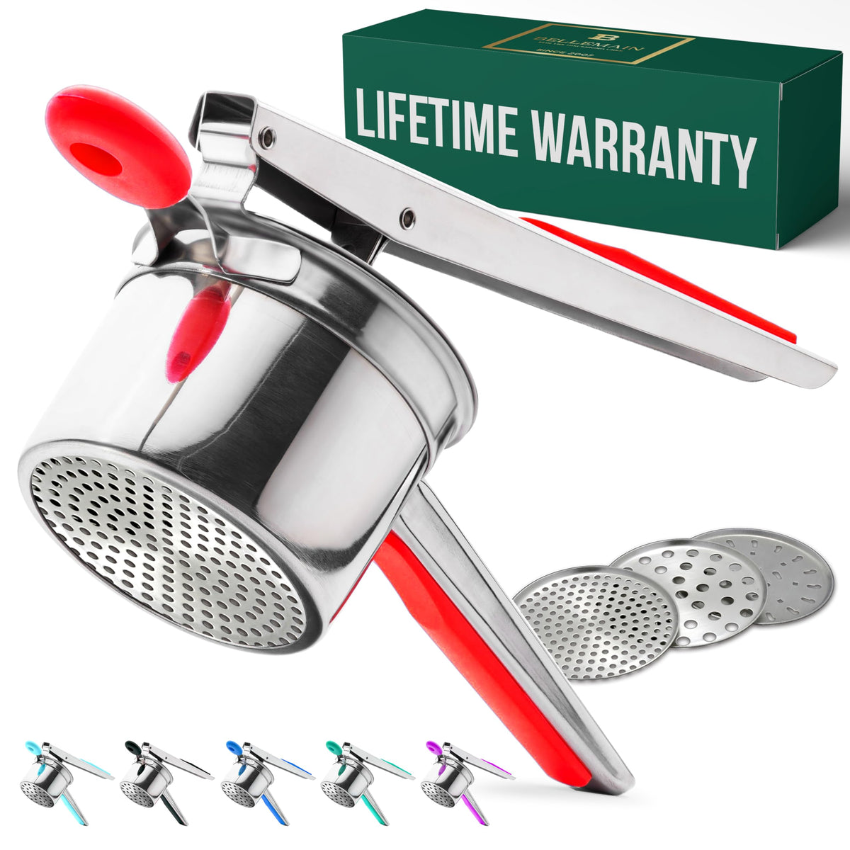 Bellemain front view ricer showing polished stainless bowl and basket for durable pressing