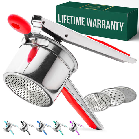Bellemain front view ricer showing polished stainless bowl and basket for durable pressing