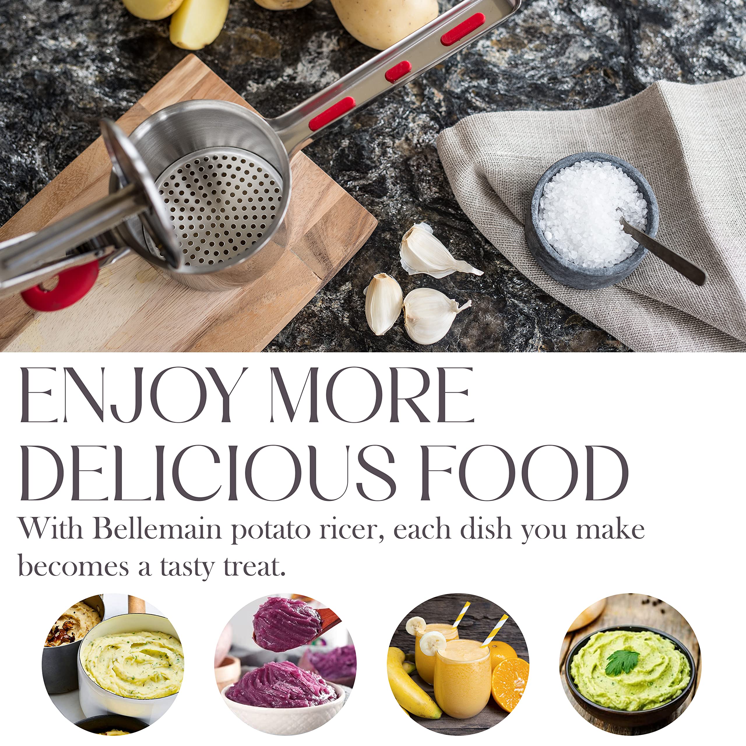 Bellemain ricer on a kitchen counter with prepared mashed potatoes showcasing home use