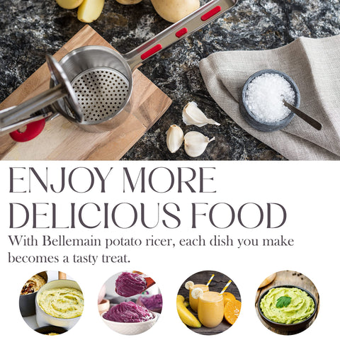 Bellemain ricer on a kitchen counter with prepared mashed potatoes showcasing home use