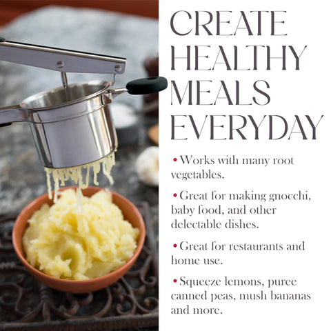 Bellemain ricer pressing potatoes into bowl demonstrating smooth, lump-free mashed potato result