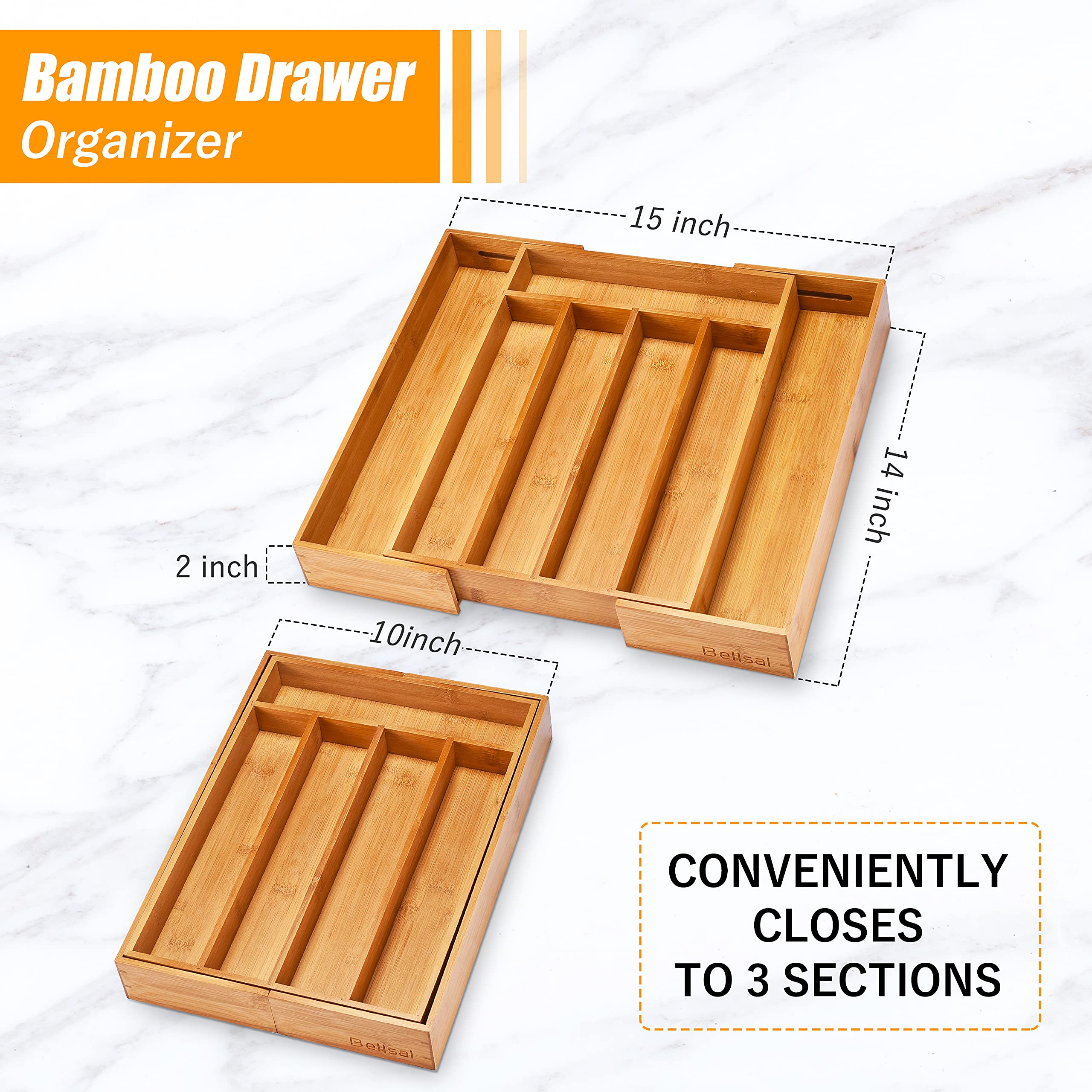 Bellsal expanded tray demonstrating 10 to 15 inch fit for versatile drawers