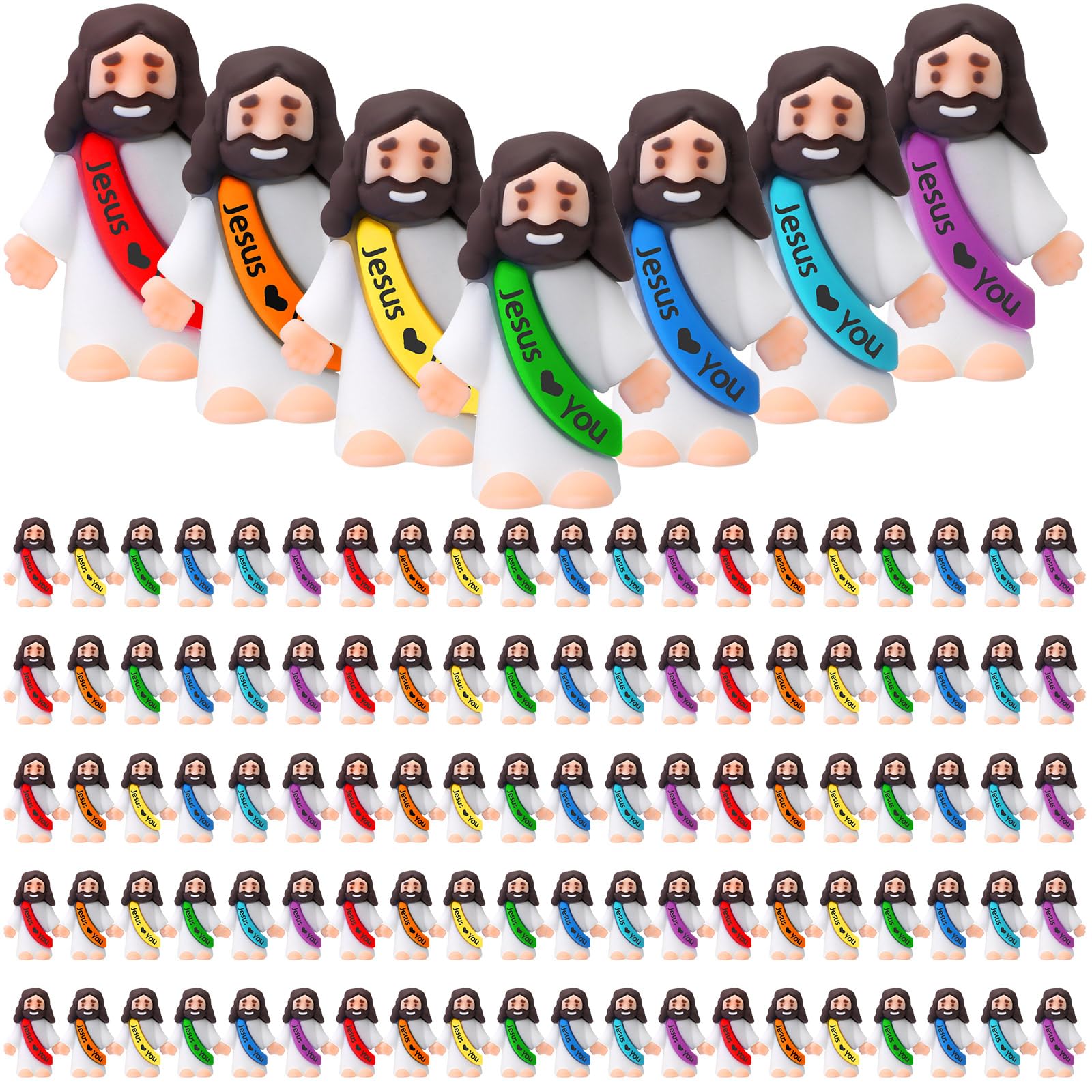 Bememo front view of 100 mini Jesus figures showing colorful pack and quantity, cheerful gifting